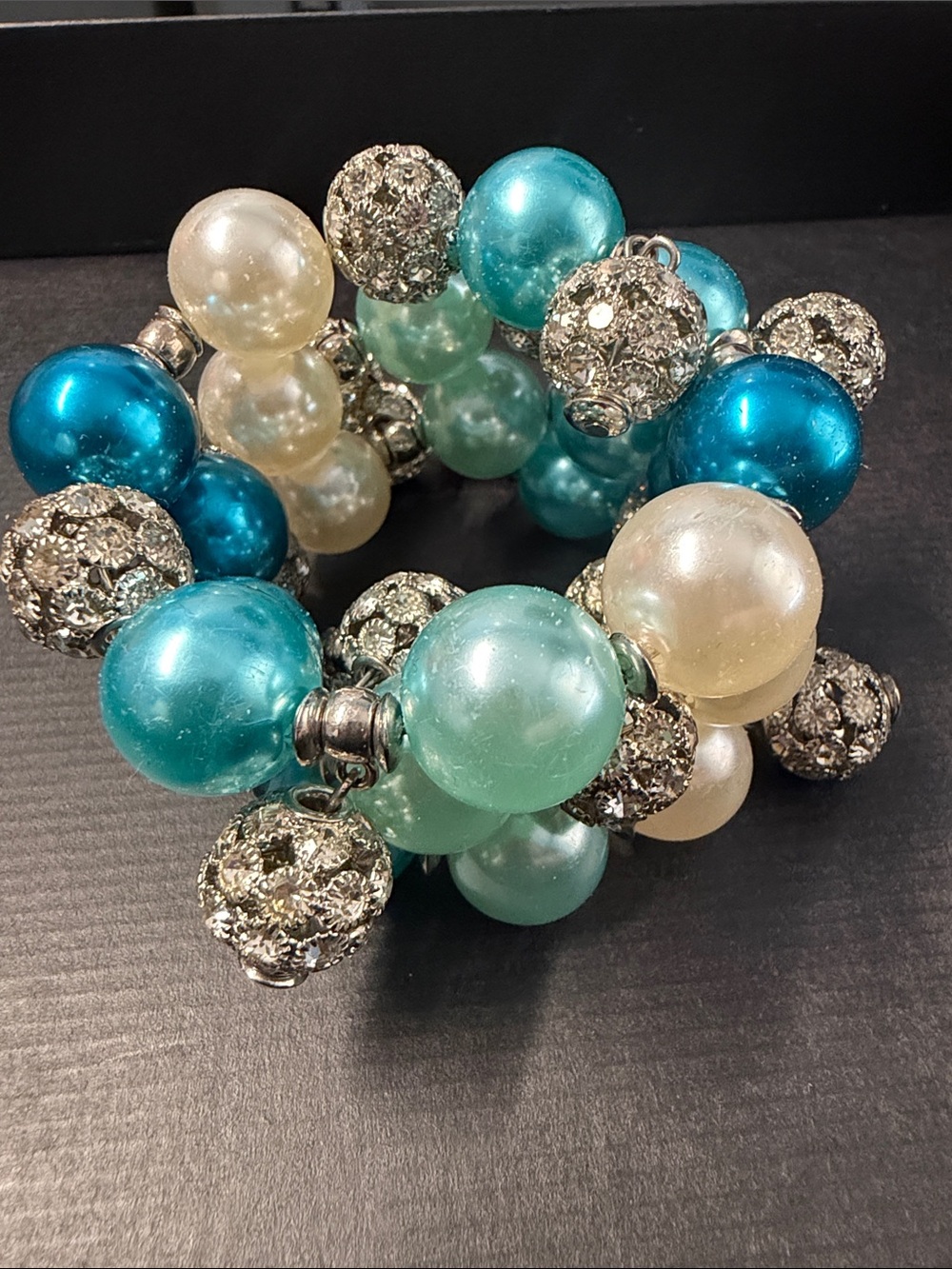 Sassy Jones Dominique Aqua & Ivory Pearl Stretch Bracelet with Rhinestone Balls